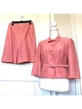 Talbots Petite Pink Skirt & Blazer Set With Size 8 P Suit Belt Silk Linen Blend